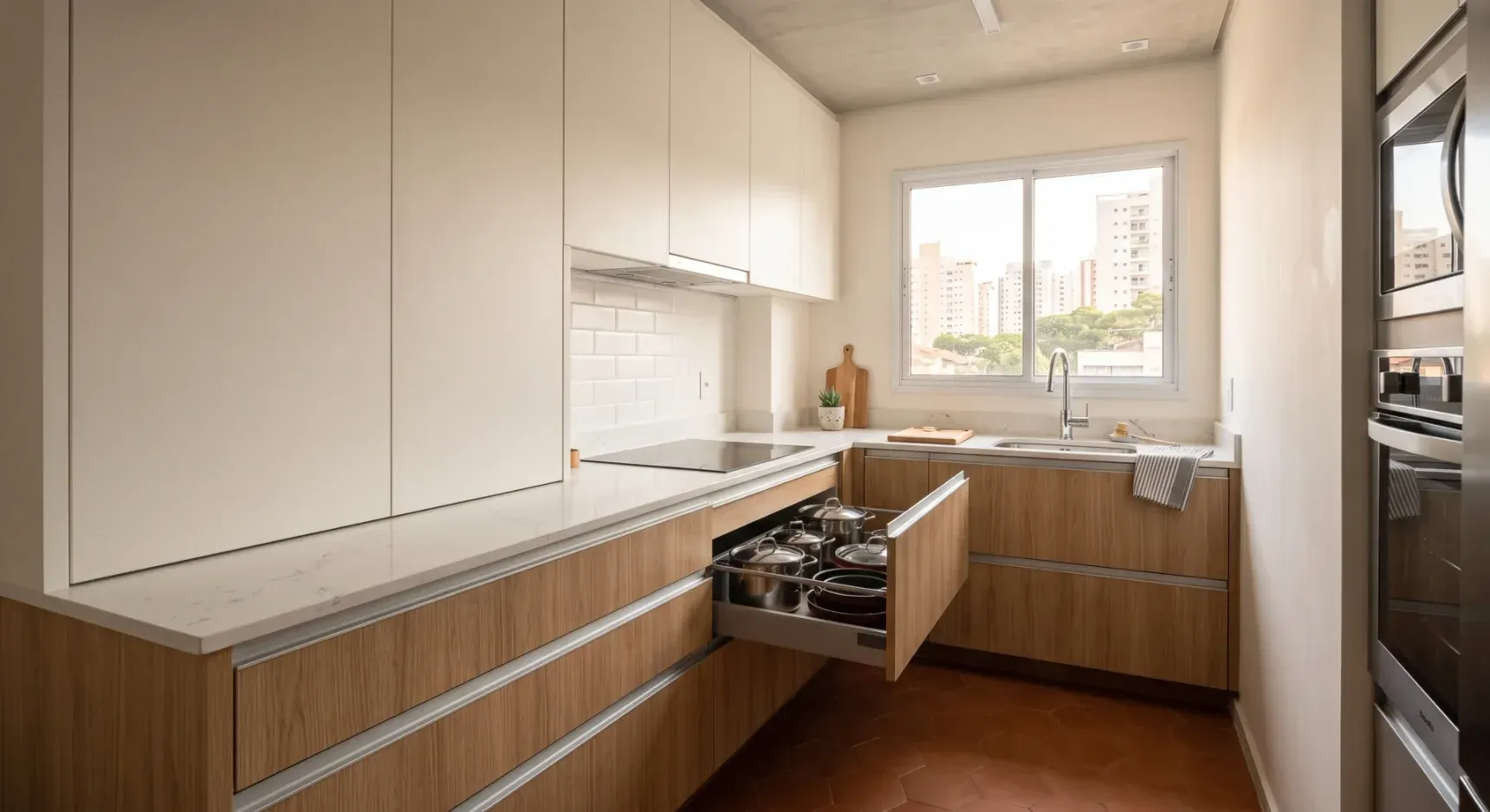Cozinha planejada com móveis sob medida em uma metragem pequena