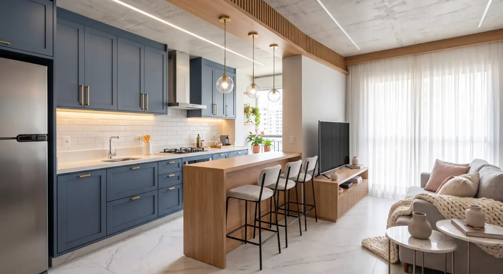 Cozinha integrada à sala de TV em apartamento pequeno, móveis sob medida em tom azul, bege e off-white