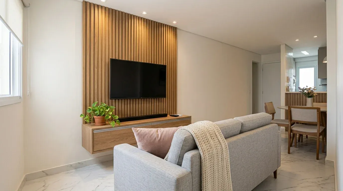 Painel ripado e rack de TV sob medida, planejado para apartamentos pequenos